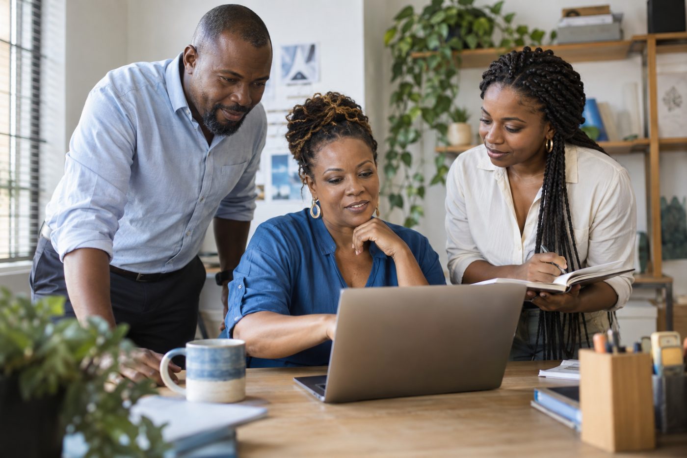 Three Black business professionals working together over a laptop and notebook