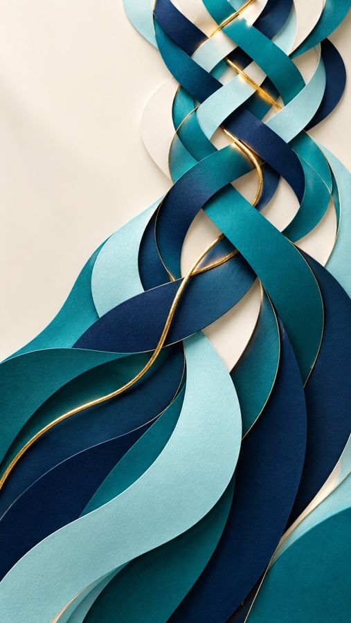 Artwork: ribbons in many shades of blue woven together, with a single gold thread running through them
